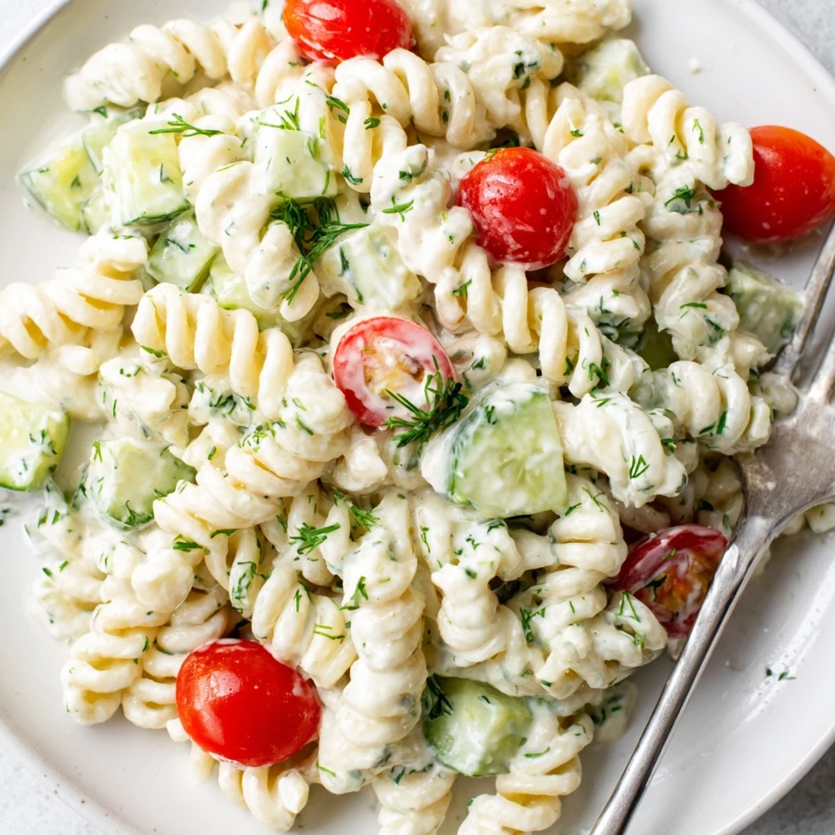 Colorful cottage cheese pasta salad bowl with cherry tomatoes, cucumber, and bell peppers in creamy herb dressing