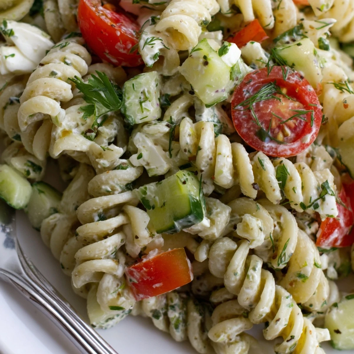 Creamy cottage cheese pasta salad served chilled with fresh diced vegetables and tangy lemon herb dressing