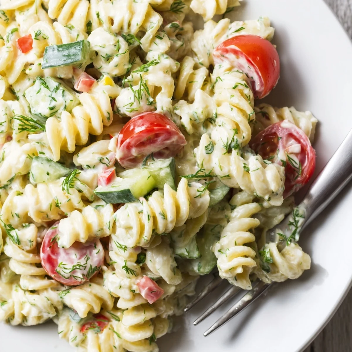 Protein-rich cottage cheese pasta salad featuring crisp colorful vegetables tossed in a light flavorful dressing