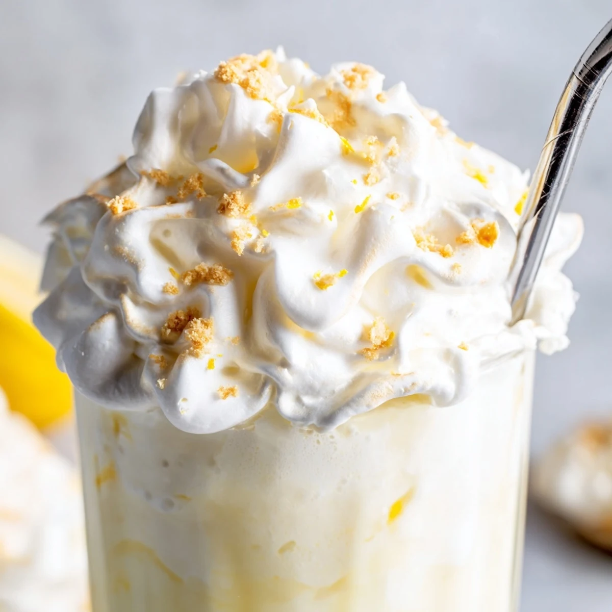 Close-up of chilled lemon meringue frappé showcasing tangy yellow blended base with pillowy meringue topping