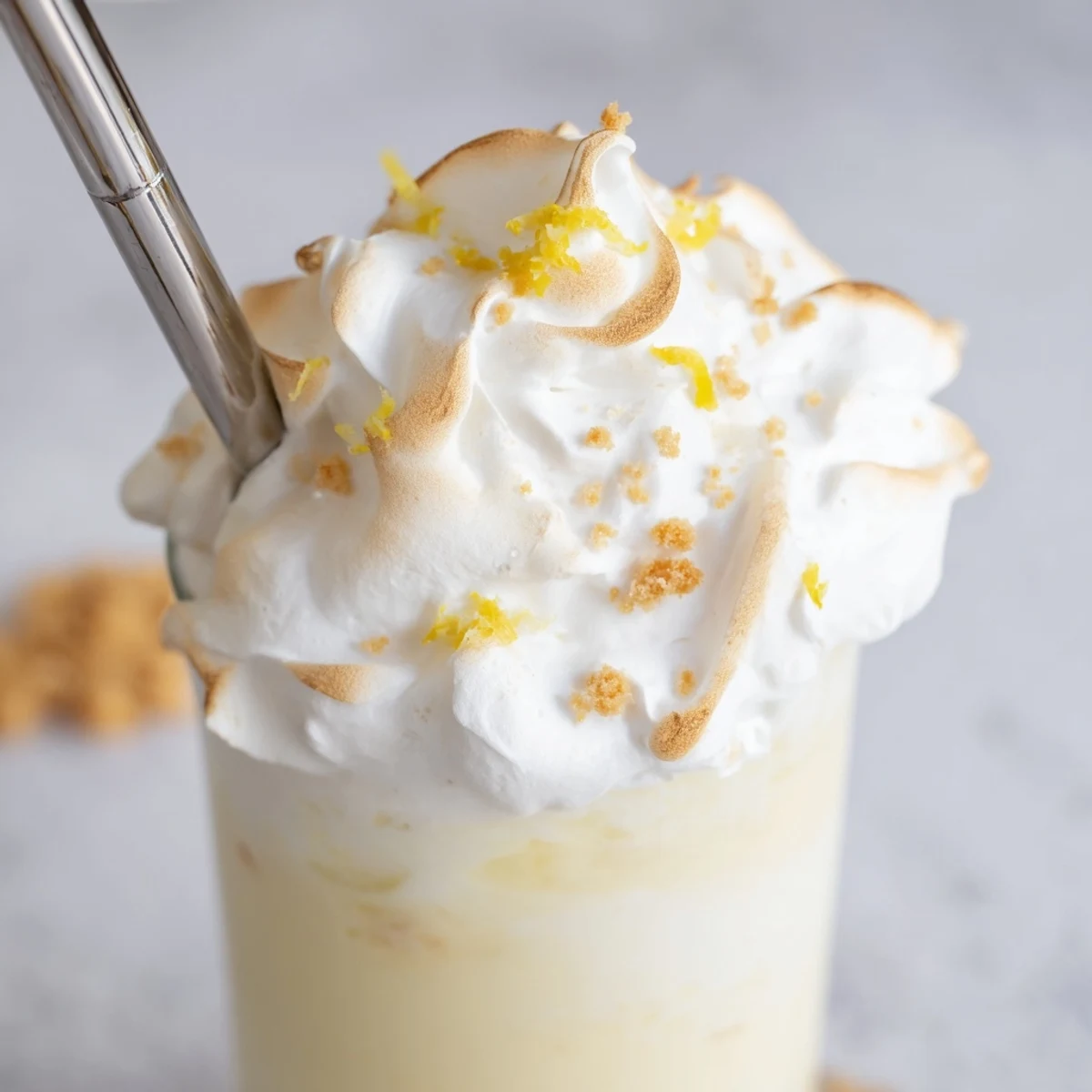 Creamy blended lemon meringue frappé with graham cracker crumbs served in a clear glass with straw