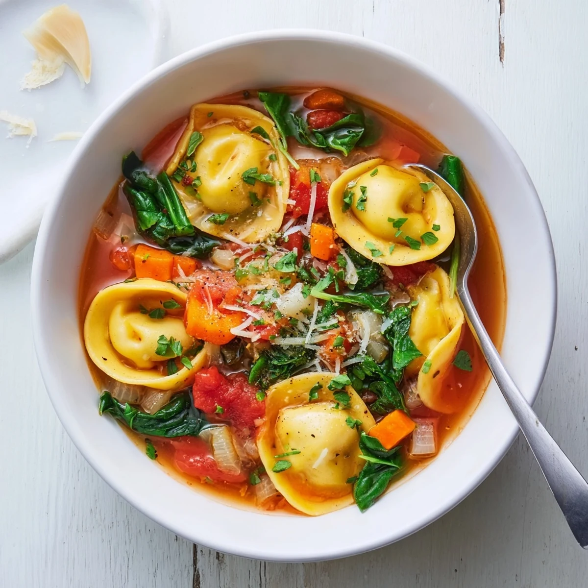 Creamy Easy Tuscan Ravioli Soup with floating cheese pasta in a savory tomato vegetable broth