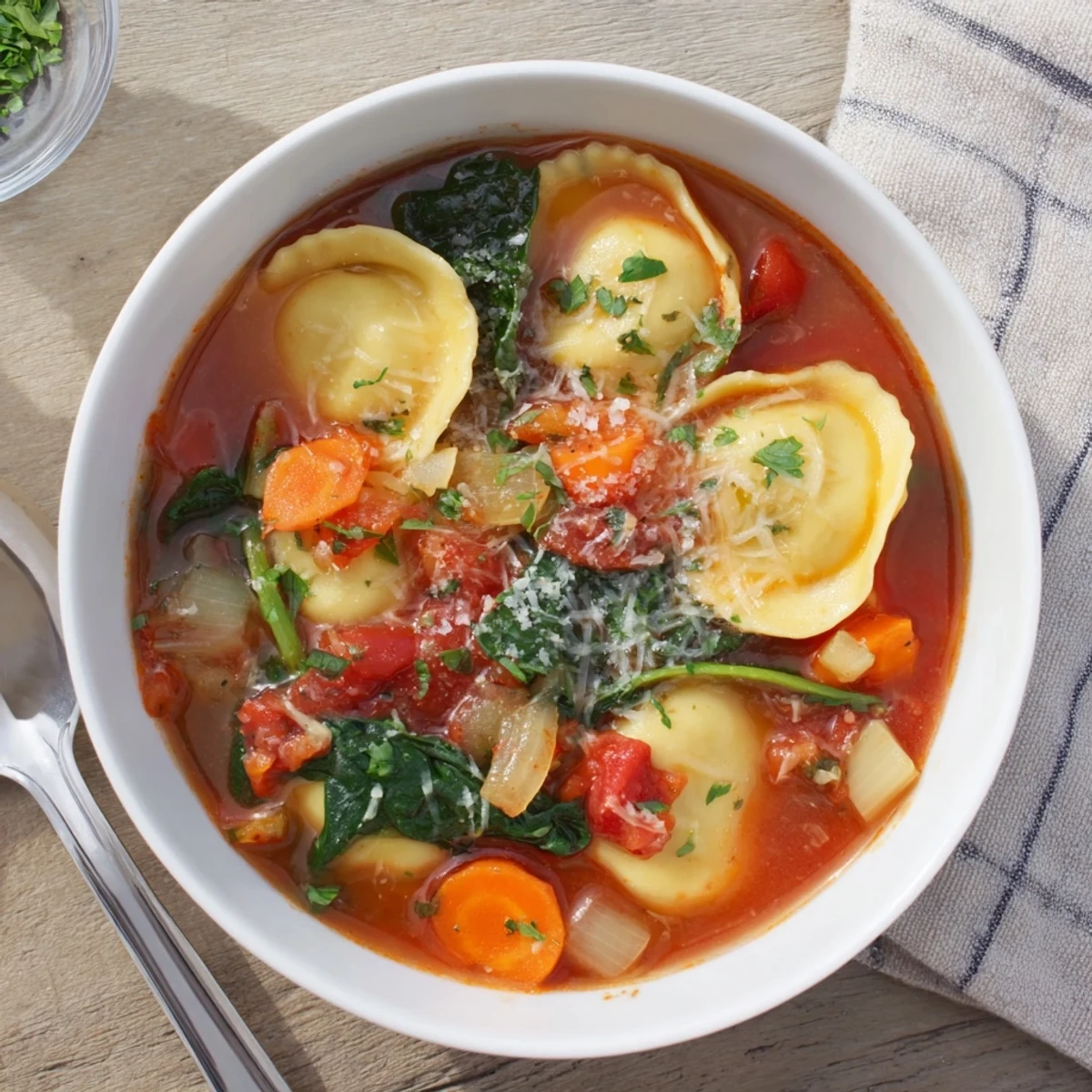 Hearty Easy Tuscan Ravioli Soup with colorful carrots and celery in a rich herb-infused tomato base