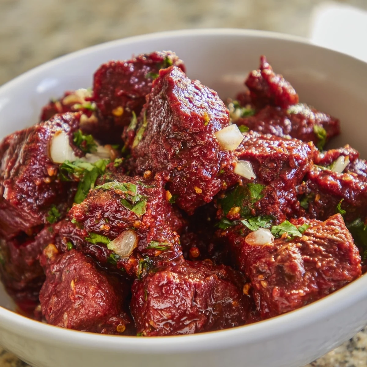 Slow cooker Crockpot Chili Colorado featuring tender beef cubes swimming in rich red chili sauce
