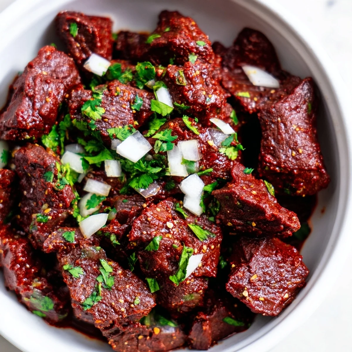 Hearty Crockpot Chili Colorado garnished with fresh cilantro and served alongside warm corn tortillas