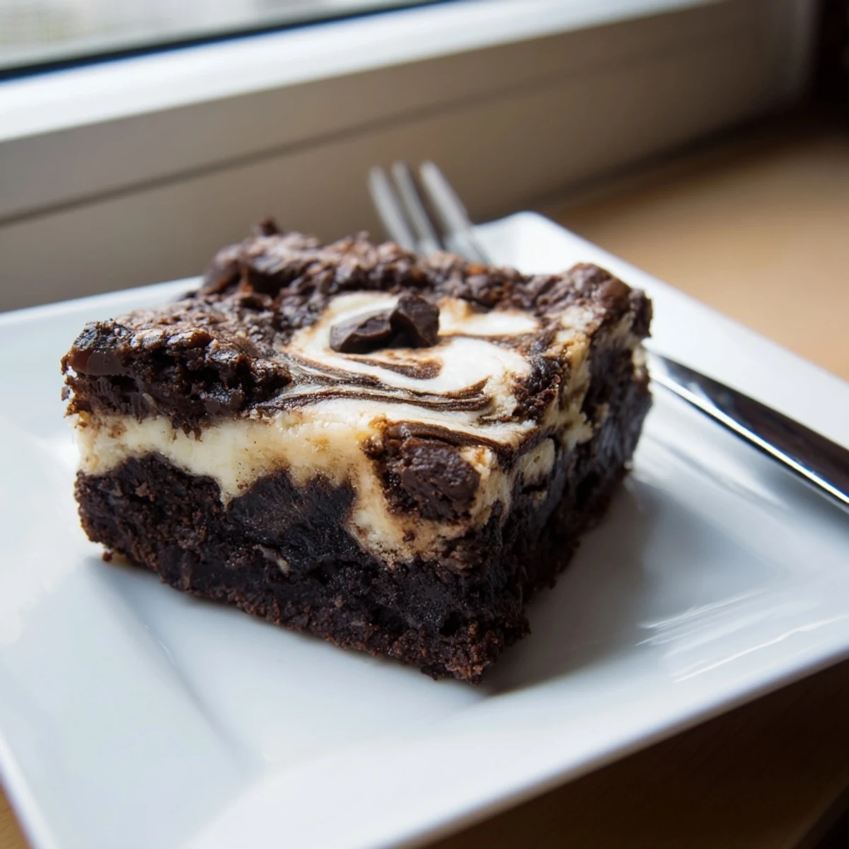 Fudgy cottage cheese brownies with marbled creamy swirl baked in a square pan