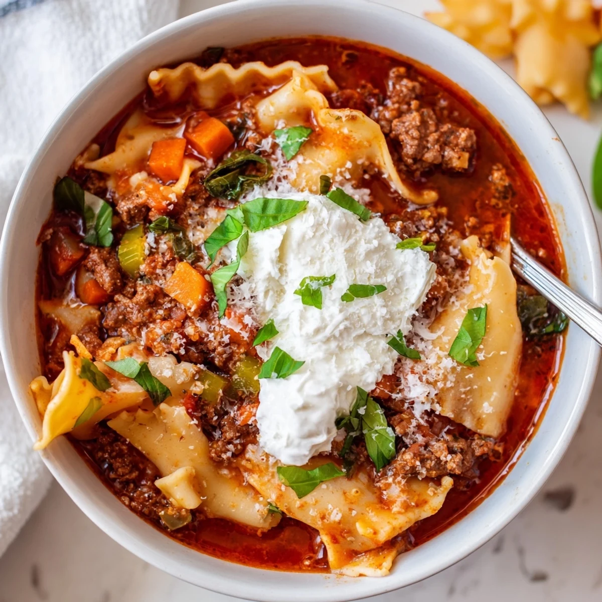 Steaming bowl of comforting Italian lasagna soup garnished with fresh basil and parmesan cheese