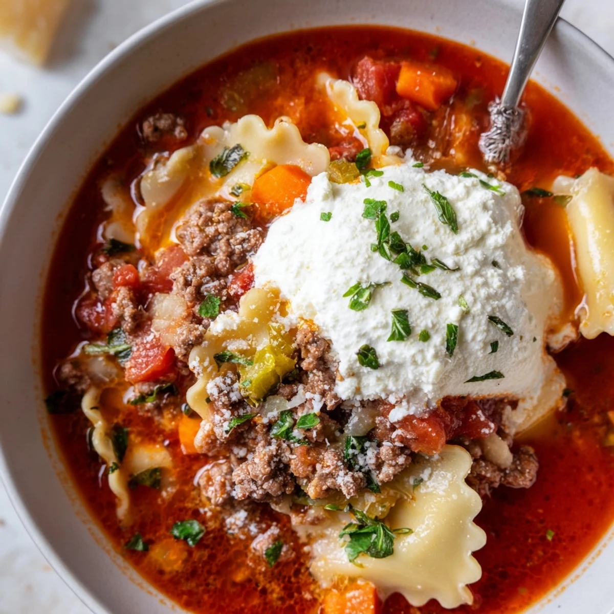 Savory Italian lasagna soup featuring tender pasta, rich tomato broth, and dollop of three-cheese mixture