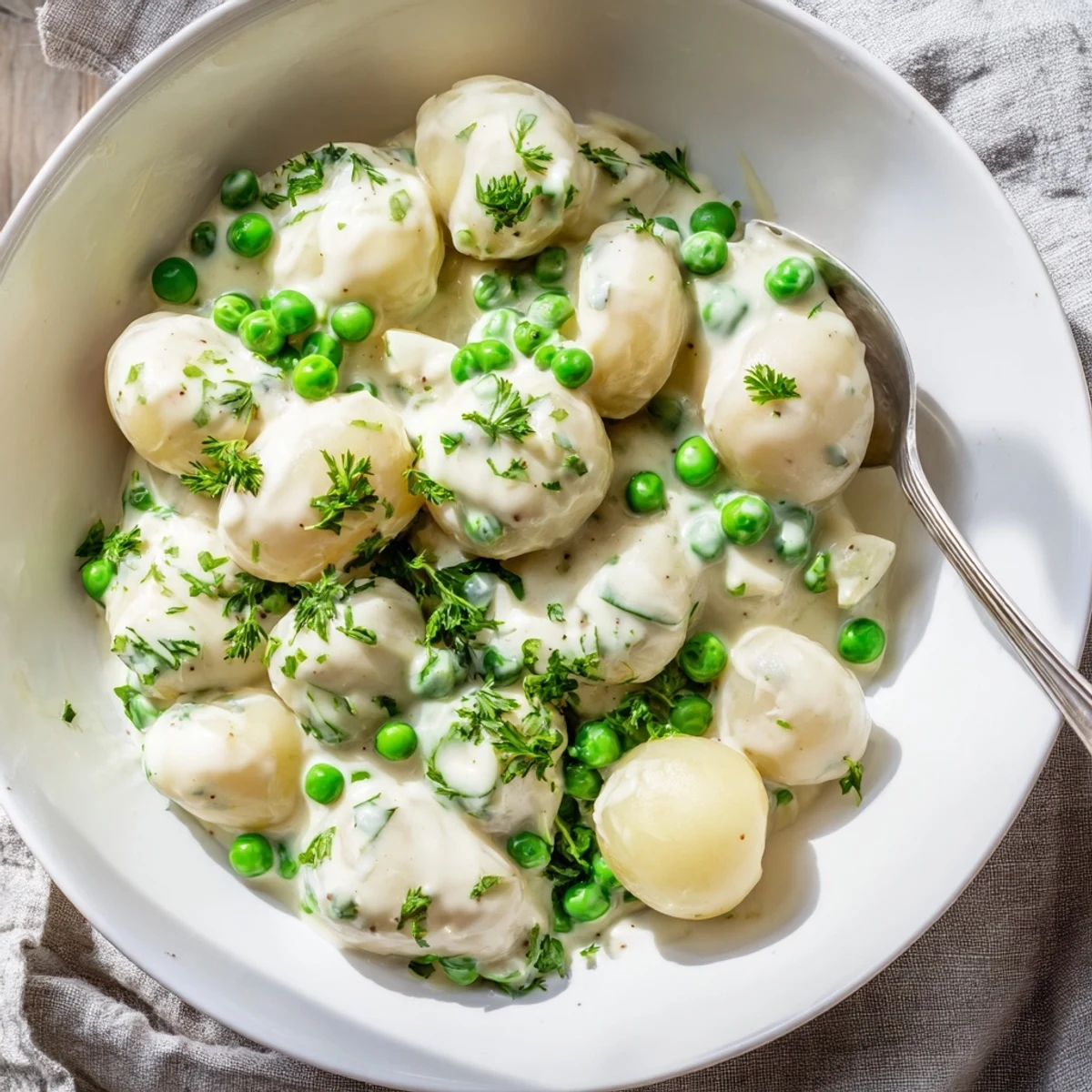 Creamed peas and potatoes in a white ceramic bowl topped with fresh green parsley