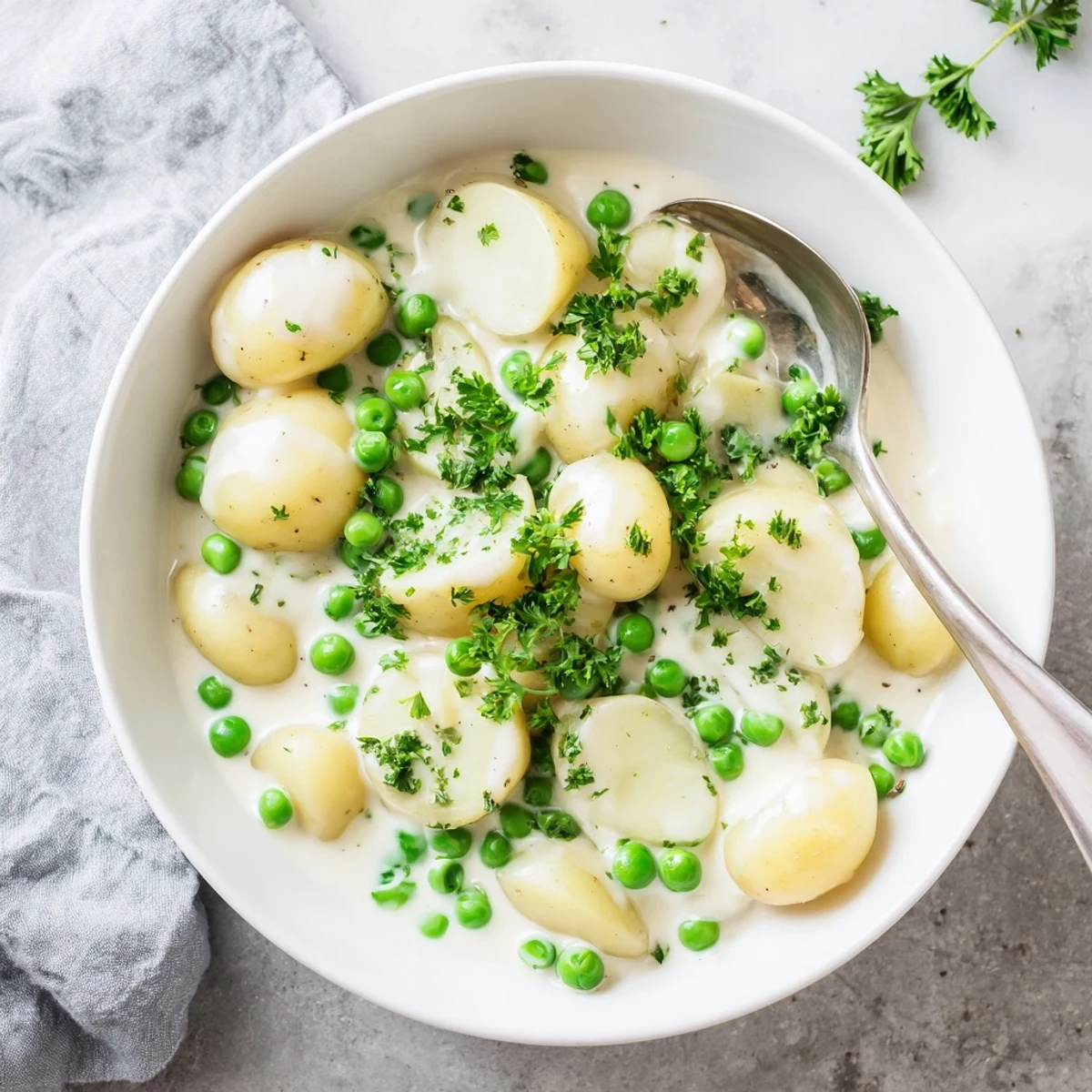 Comforting creamed peas and potatoes side dish garnished with chopped parsley on a rustic wooden table