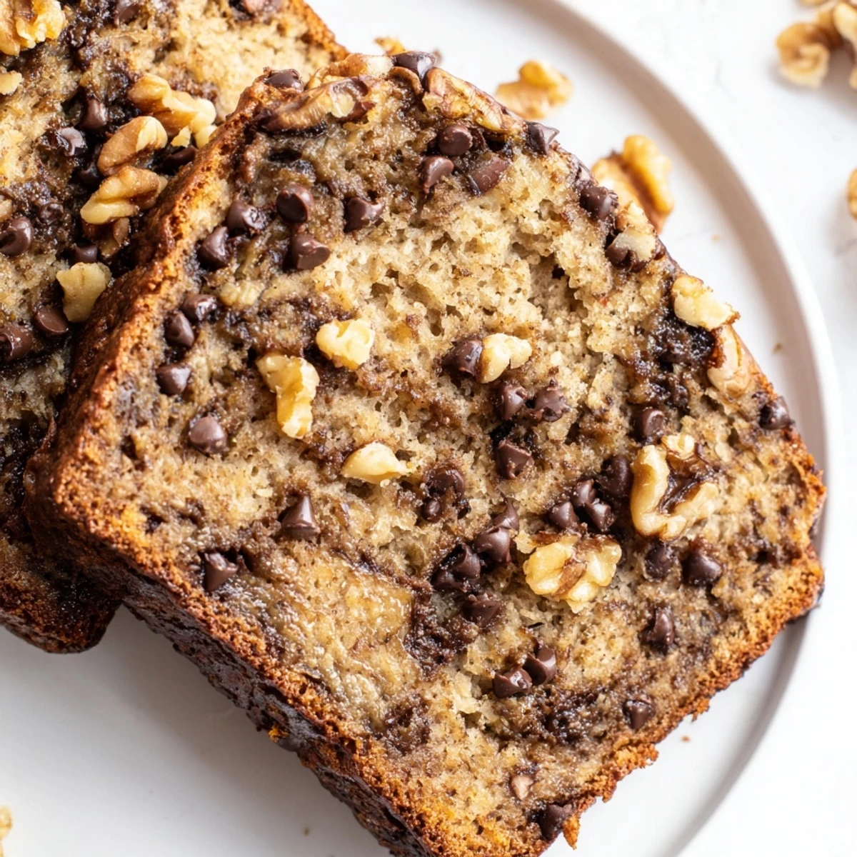 Golden chocolate chip banana bread loaf with melted chocolate pieces on top
