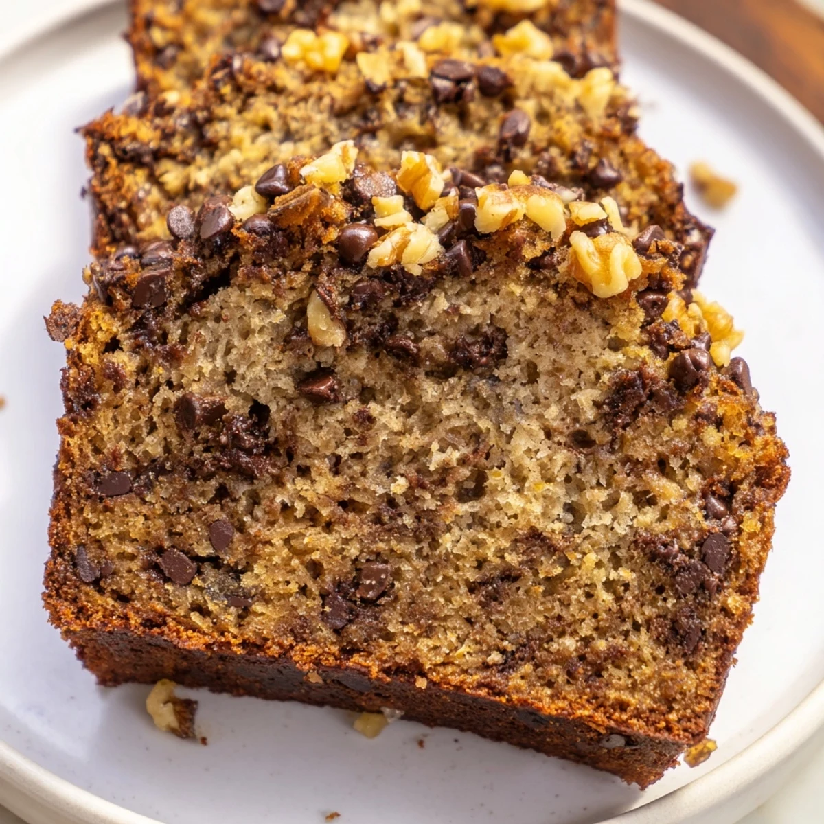 Sliced moist banana bread revealing chocolate chips and walnuts on wooden board