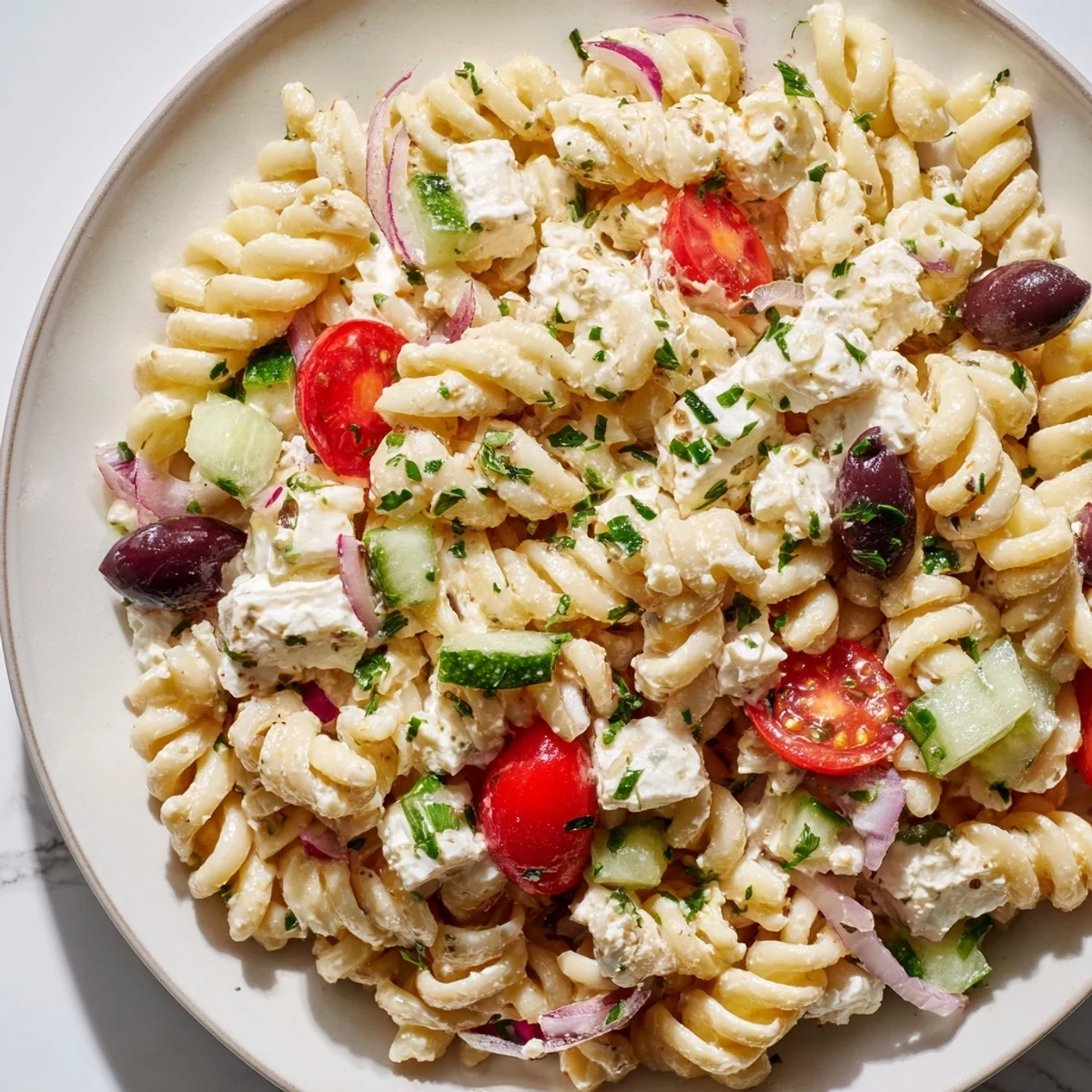 Colorful Mediterranean cottage cheese pasta salad loaded with fresh vegetables and olives in a white bowl