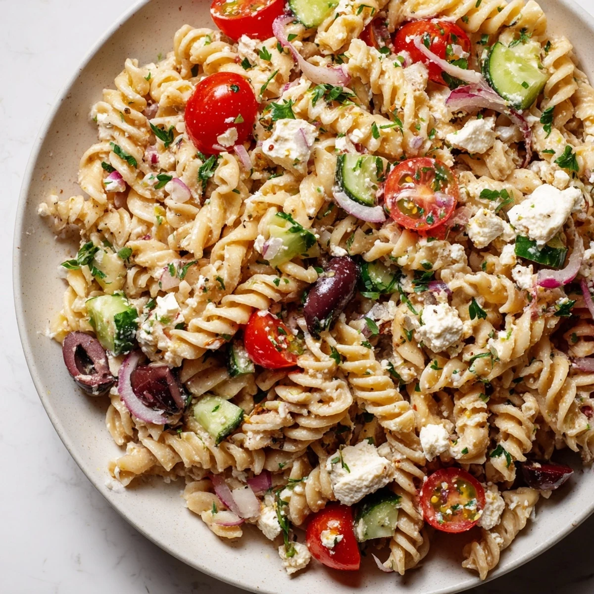 Creamy Mediterranean cottage cheese pasta salad tossed with crisp cucumbers, tomatoes, and red bell pepper pieces
