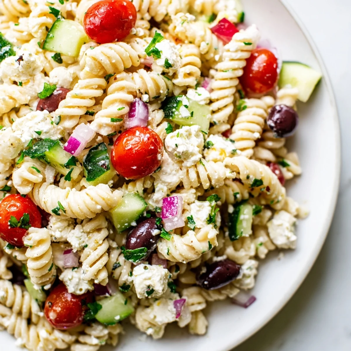 Protein-packed Mediterranean cottage cheese pasta salad featuring bright cherry tomatoes and Kalamata olives on a rustic wooden table