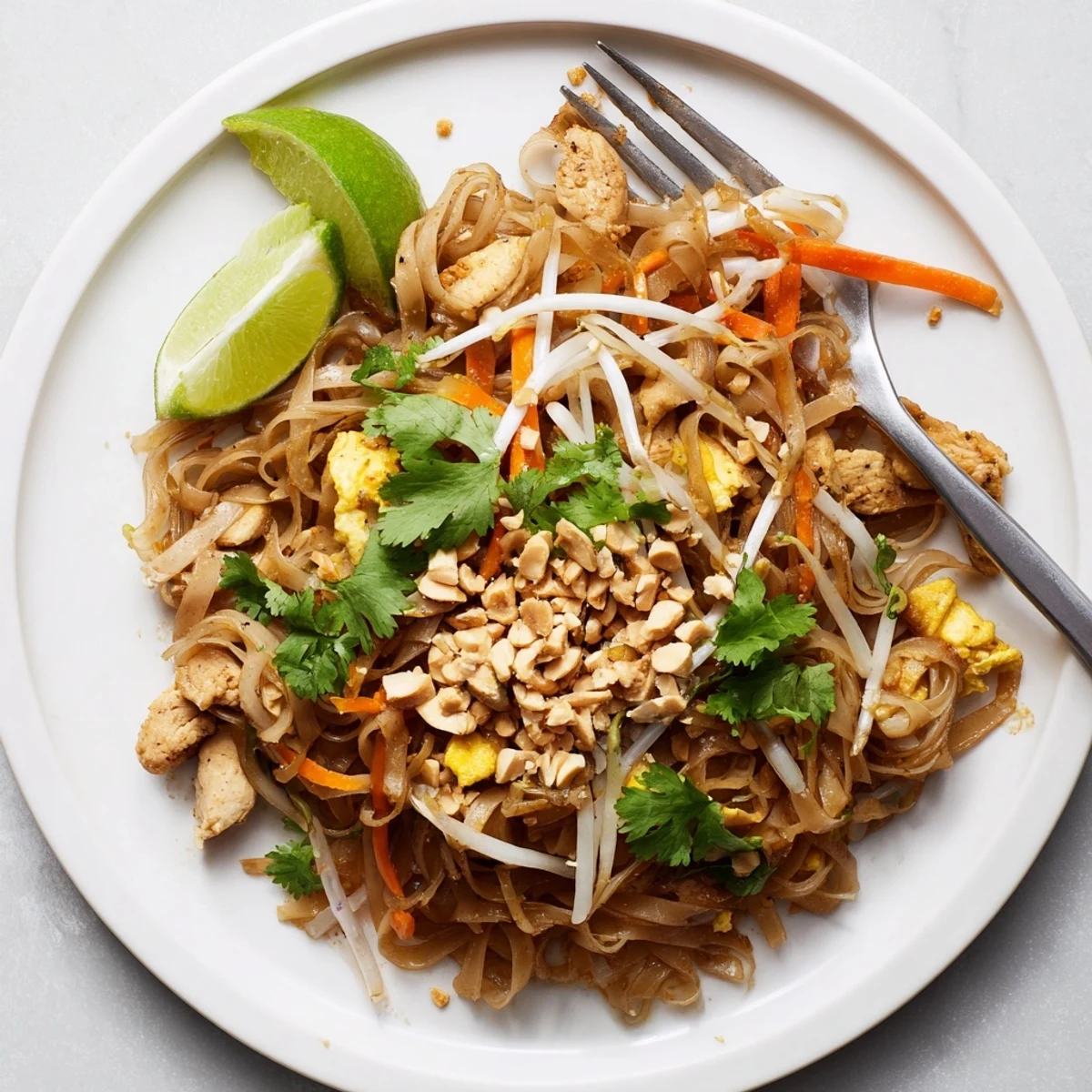 Golden chicken pad Thai with tangy tamarind sauce, crushed peanuts, and fresh lime wedges