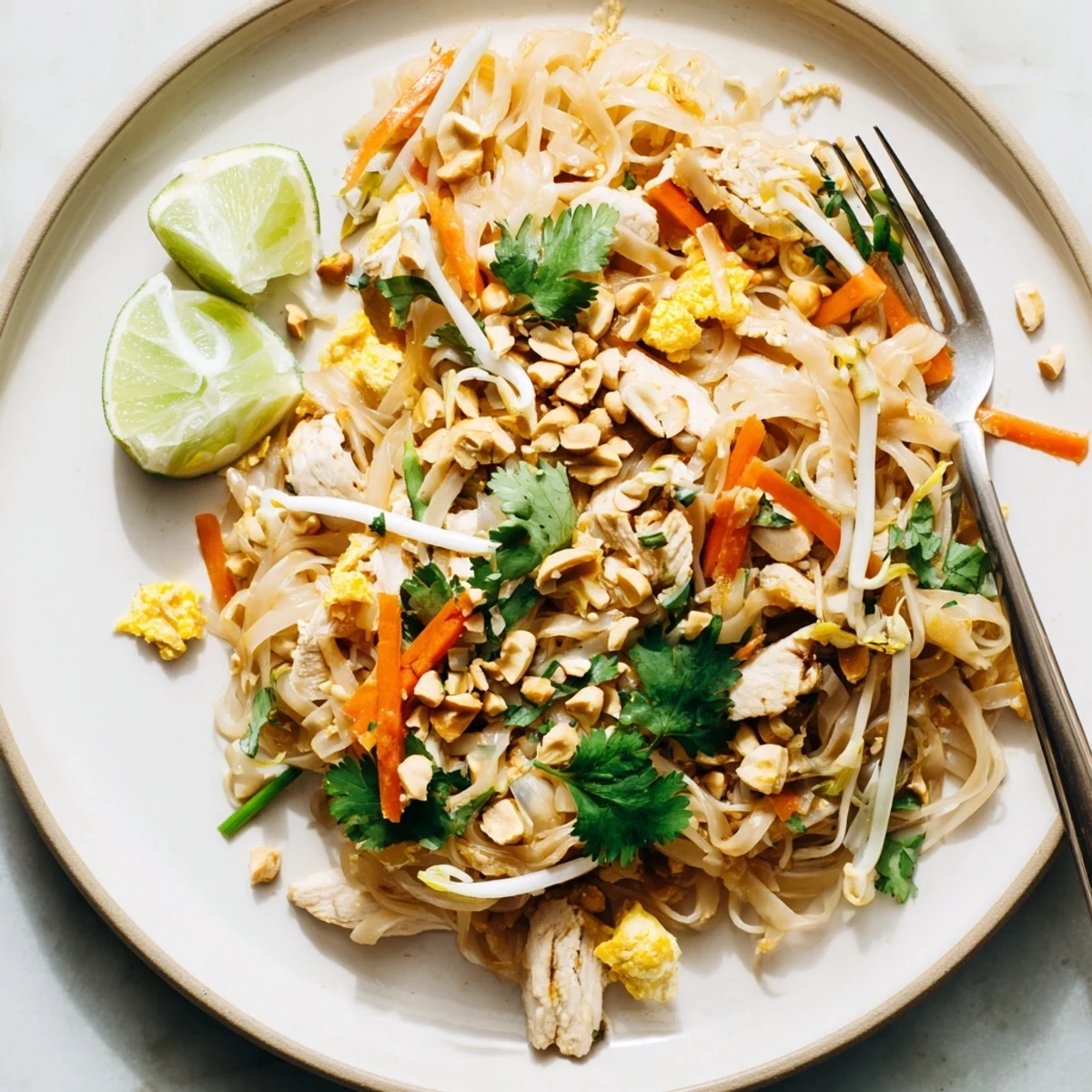 Savory chicken pad Thai stir-fried with rice noodles, bean sprouts, and aromatic herbs in a wok