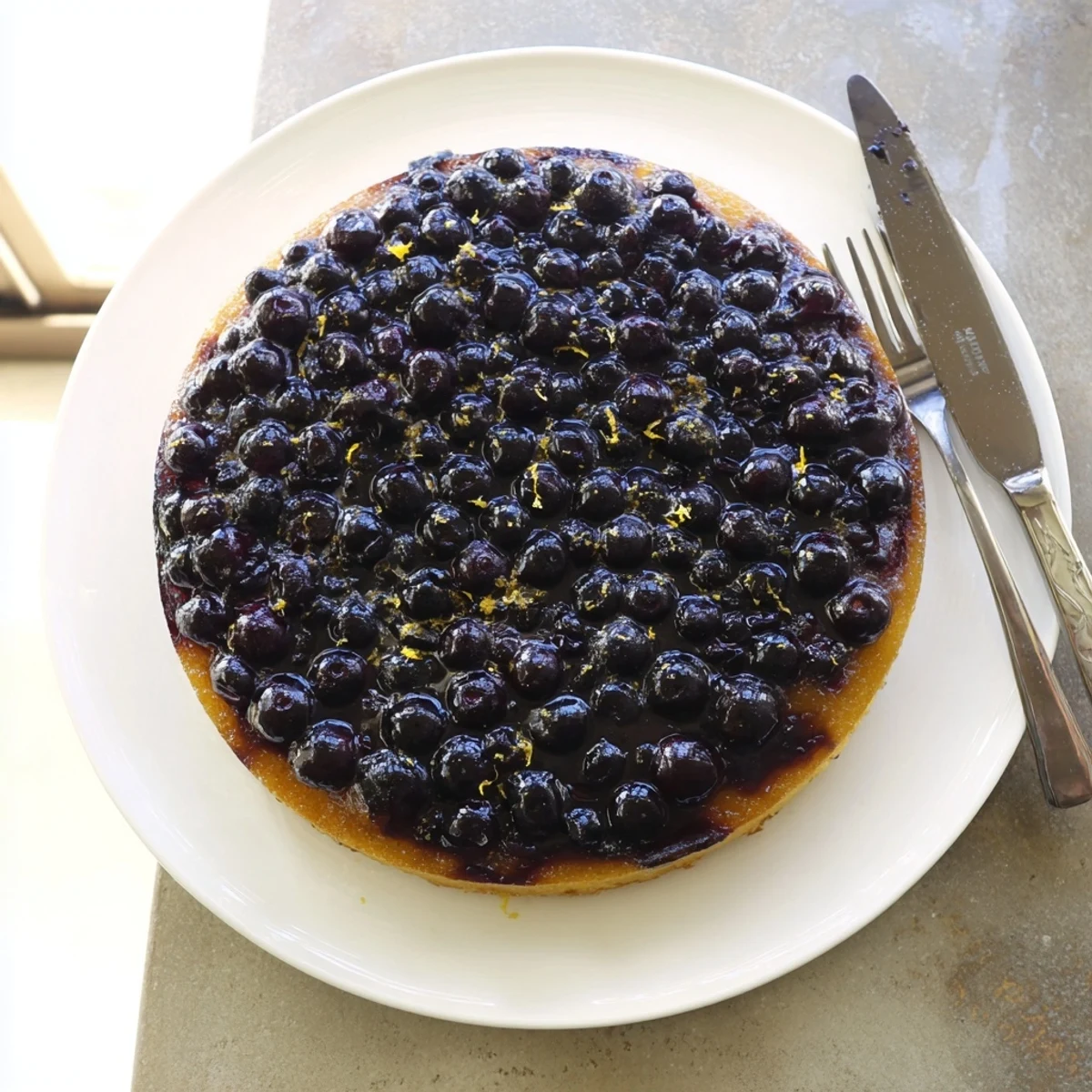 Moist buttery blueberry upside down cake flipped onto a white plate with glistening berries