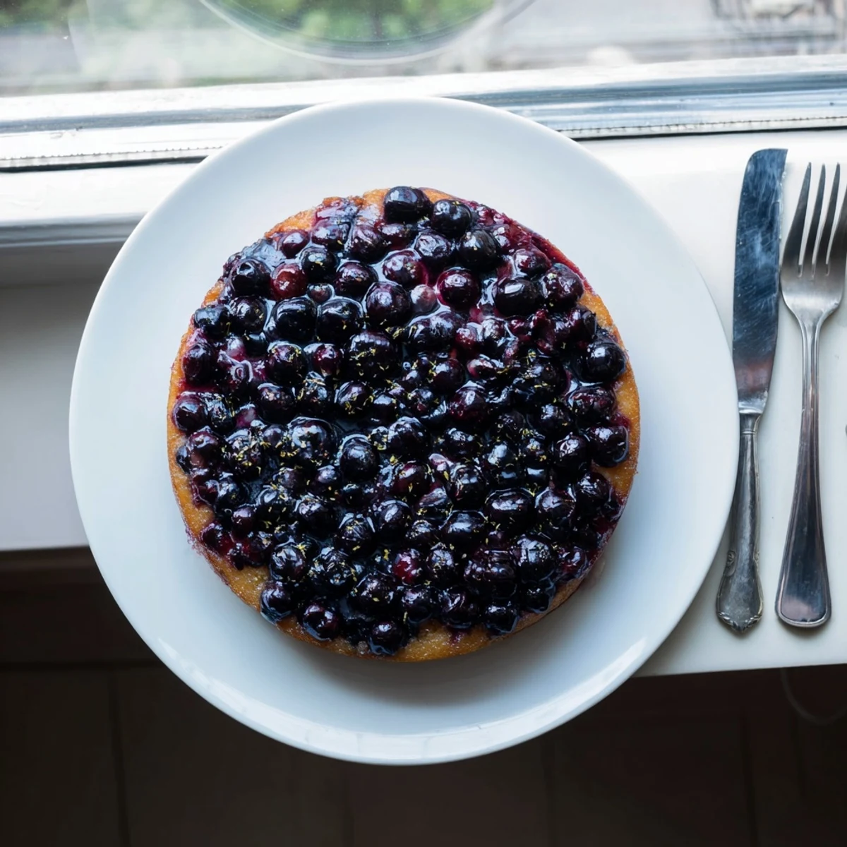 Slice of homemade blueberry upside down cake showing the purple fruit layer on top
