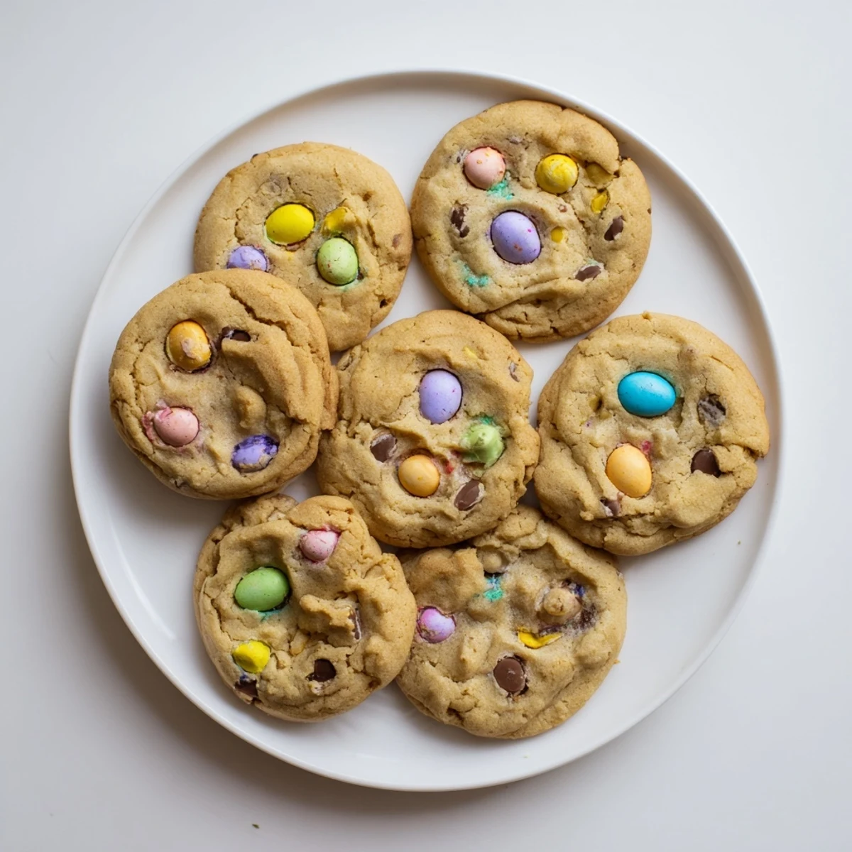 Chewy buttery mini egg cookies studded with pastel chocolate candies on a wooden board