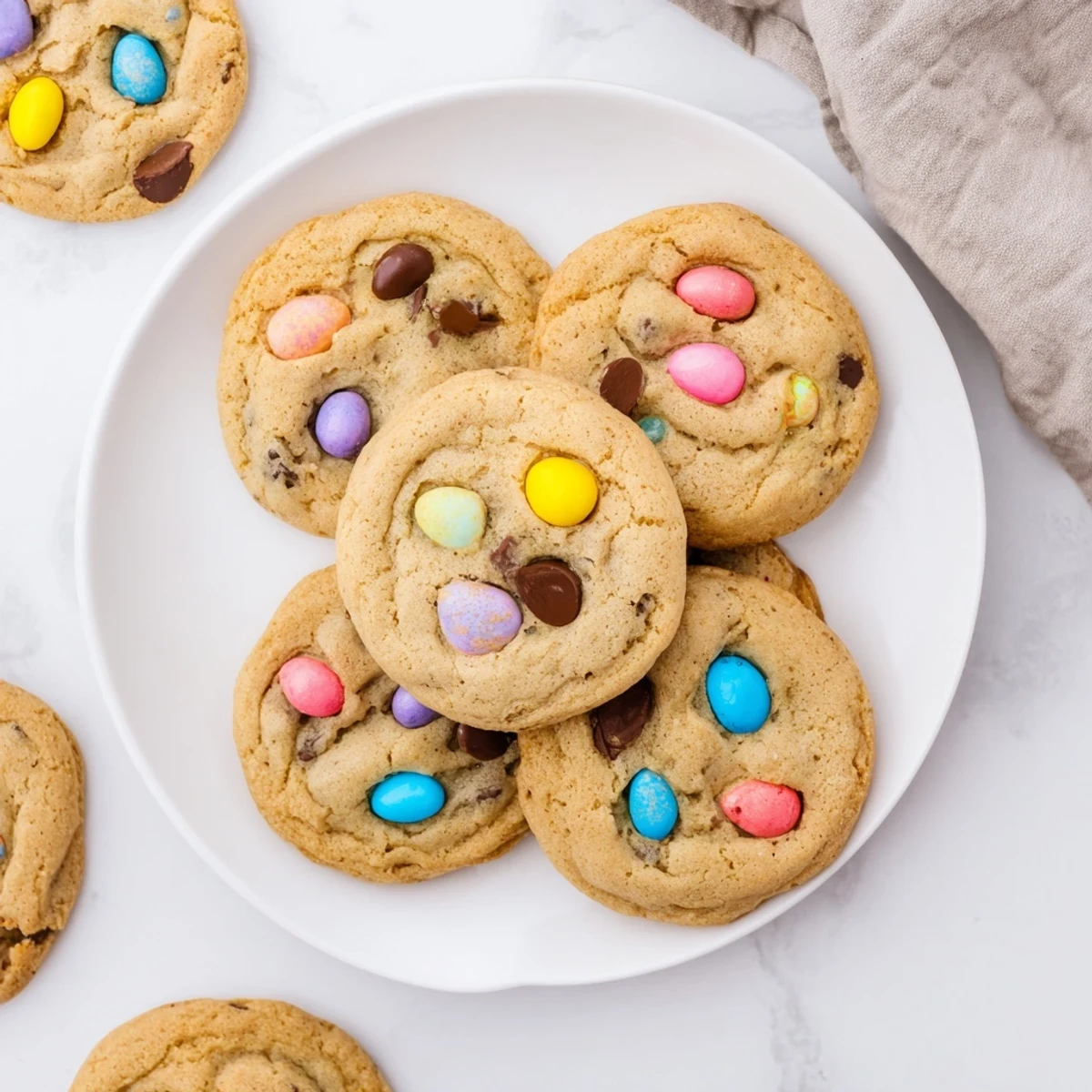 Golden mini egg cookies piled on a wire cooling rack with colorful candy pieces visible