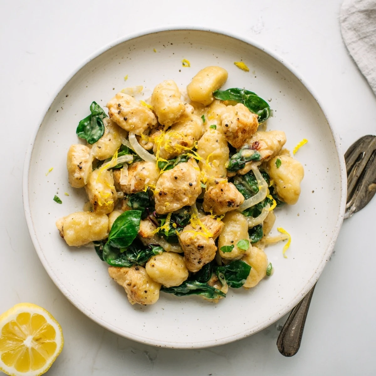 Golden chicken pieces and pillowy gnocchi simmer in a creamy lemon garlic skillet sauce with wilted spinach