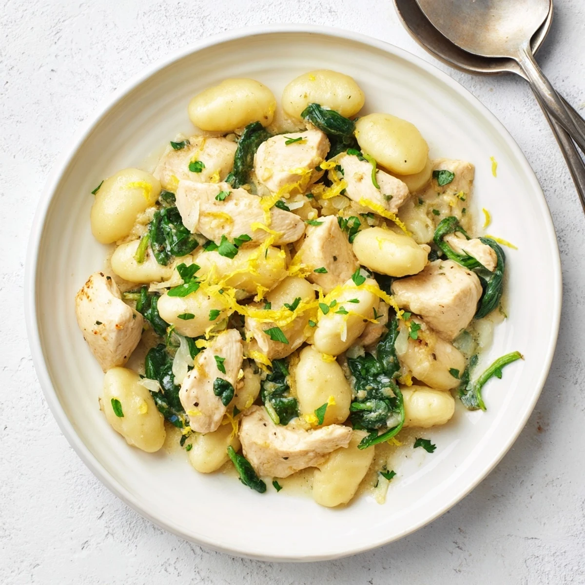 Creamy lemon chicken gnocchi skillet with fresh parsley garnish and vibrant spinach wilted into the sauce