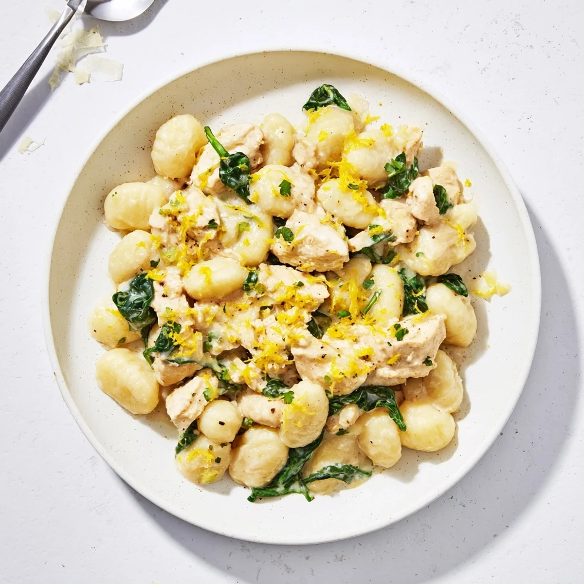 One pan lemon chicken gnocchi features tender meat and soft pasta in a bright white Parmesan sauce