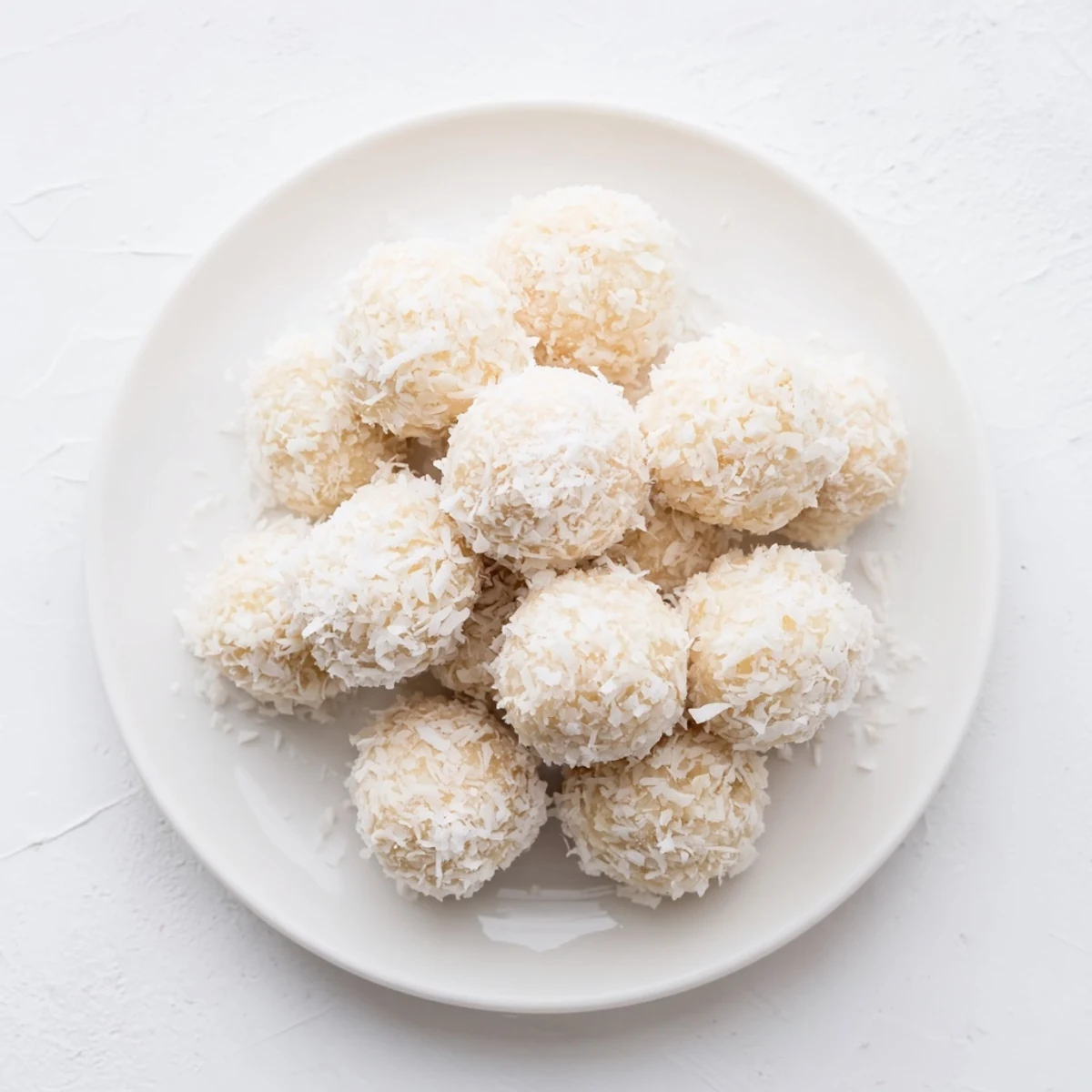 White No Bake Easter Bunny Coconut Tails dusted with powdered sugar on a wooden board