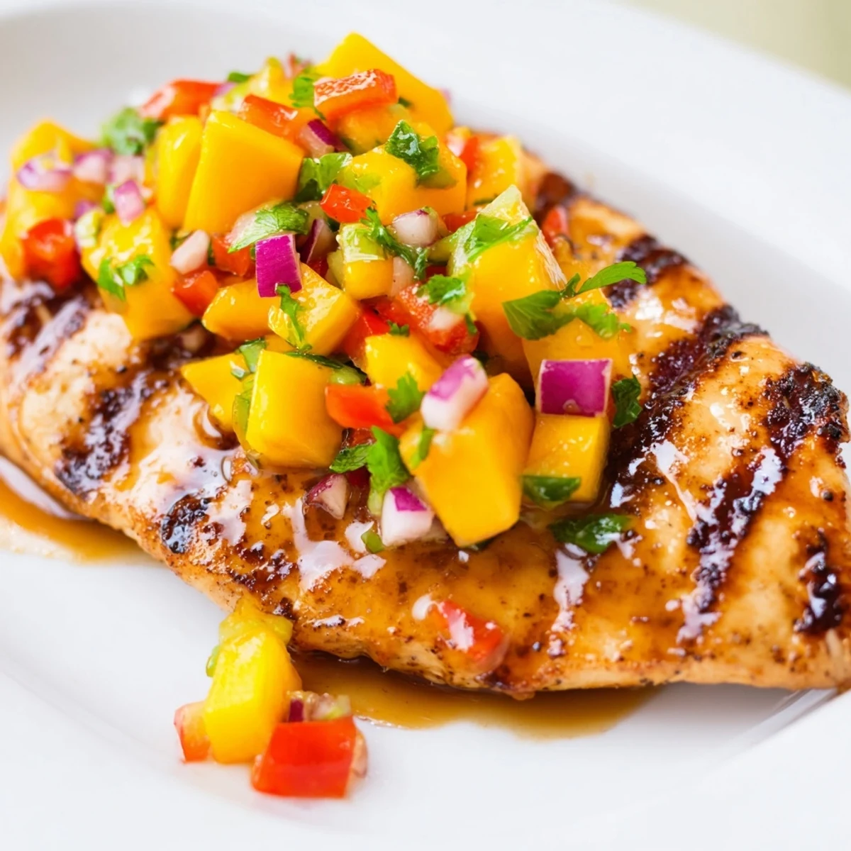 Golden grilled Honey Lime Chicken with Mango Salsa featuring juicy marinated breasts topped with colorful tropical fruit