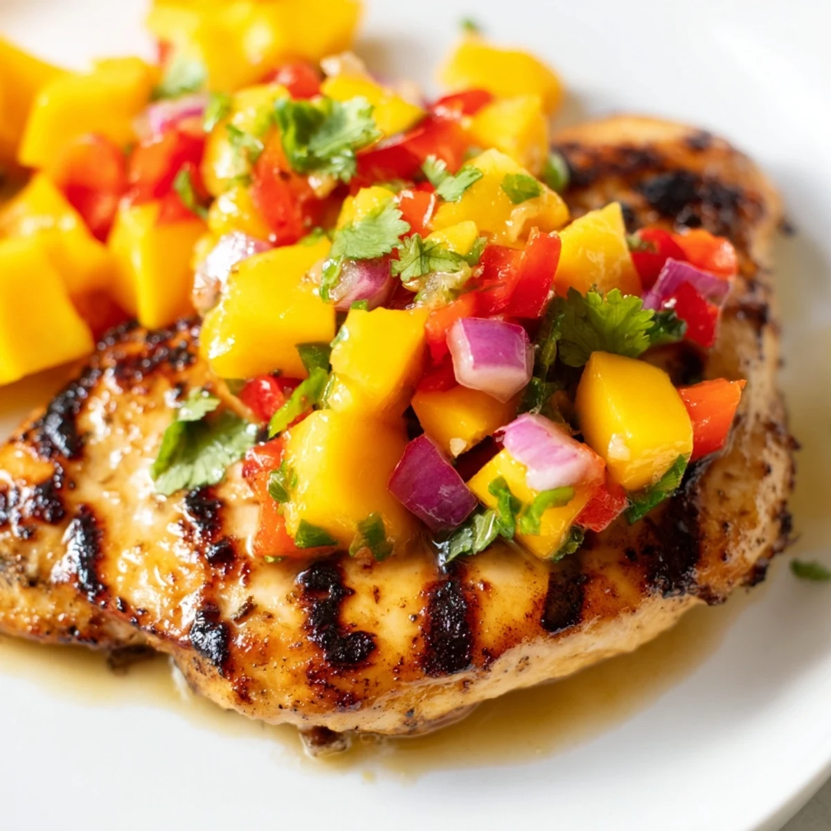 Tropical honey lime chicken breast crowned with vibrant mango-red pepper salsa and garnished with lime wedges