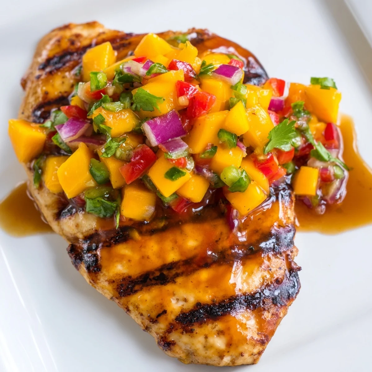 Succulent honey lime chicken garnished with fresh mango salsa, red bell pepper, and cilantro on a white plate