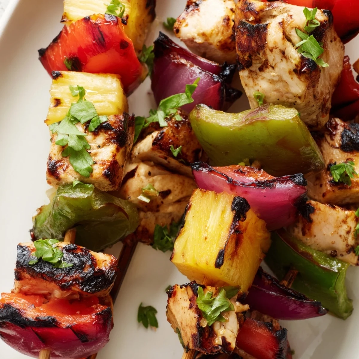 Savory marinated chicken and juicy pineapple pieces grilled to perfection on metal skewers with vibrant red and green bell peppers