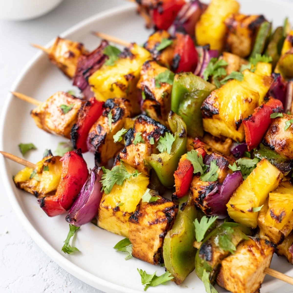 Tender pineapple chicken kabobs with charred vegetables and fresh cilantro garnish served on a wooden cutting board