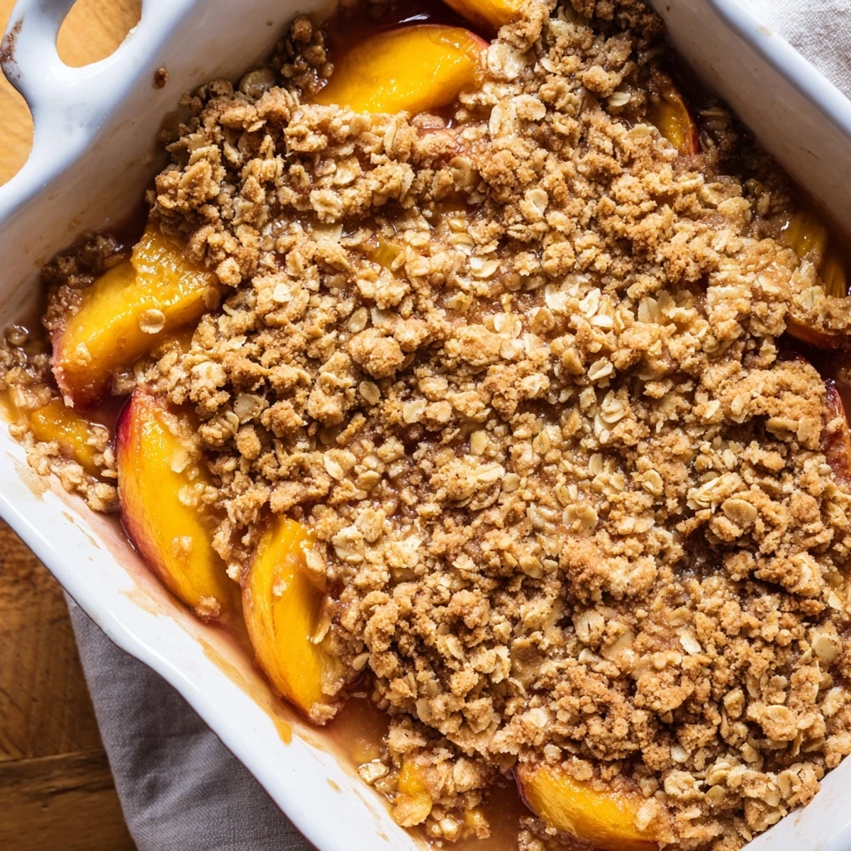 Golden baked cinnamon spiced peach crumble topped with crispy oat crumble and bubbling fruit filling