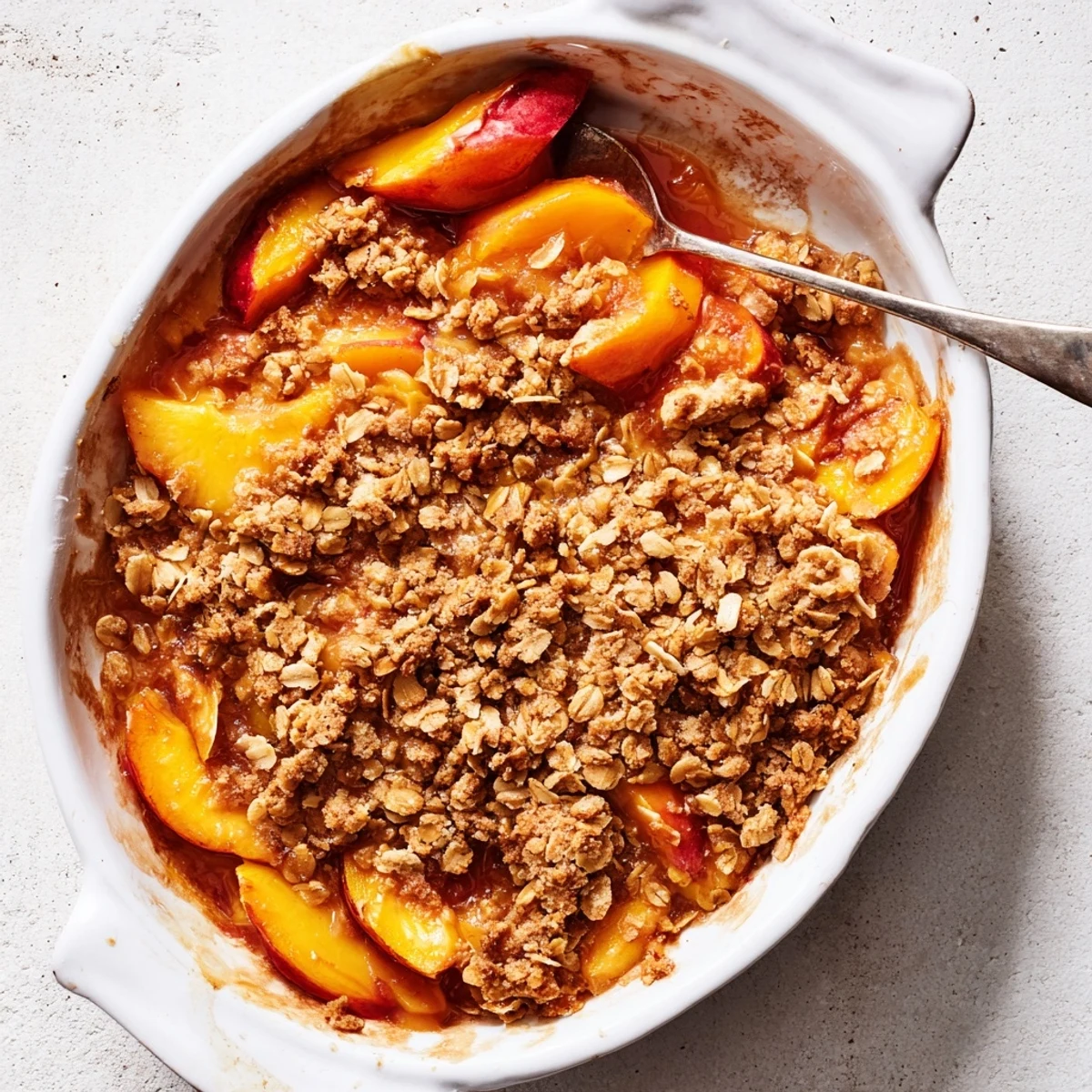 Warm cinnamon spiced peach crumble dessert with vanilla ice cream melting over golden brown topping
