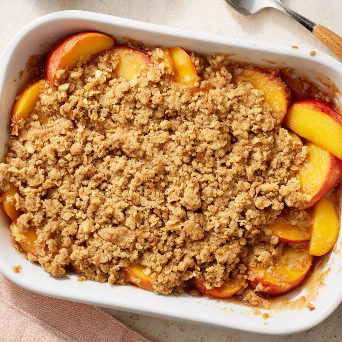 Bubbling peach crumble with spiced fruit filling beneath a golden buttery oat cinnamon crumble topping