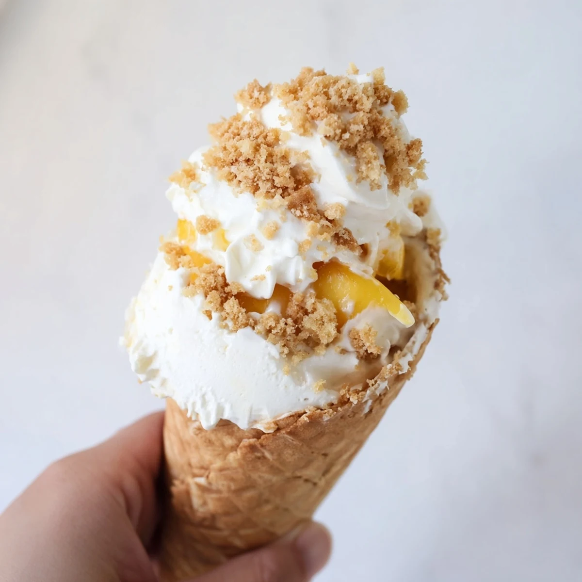 Summer dessert showcasing crisp waffle cones stuffed with cheesecake and sweet cinnamon peaches