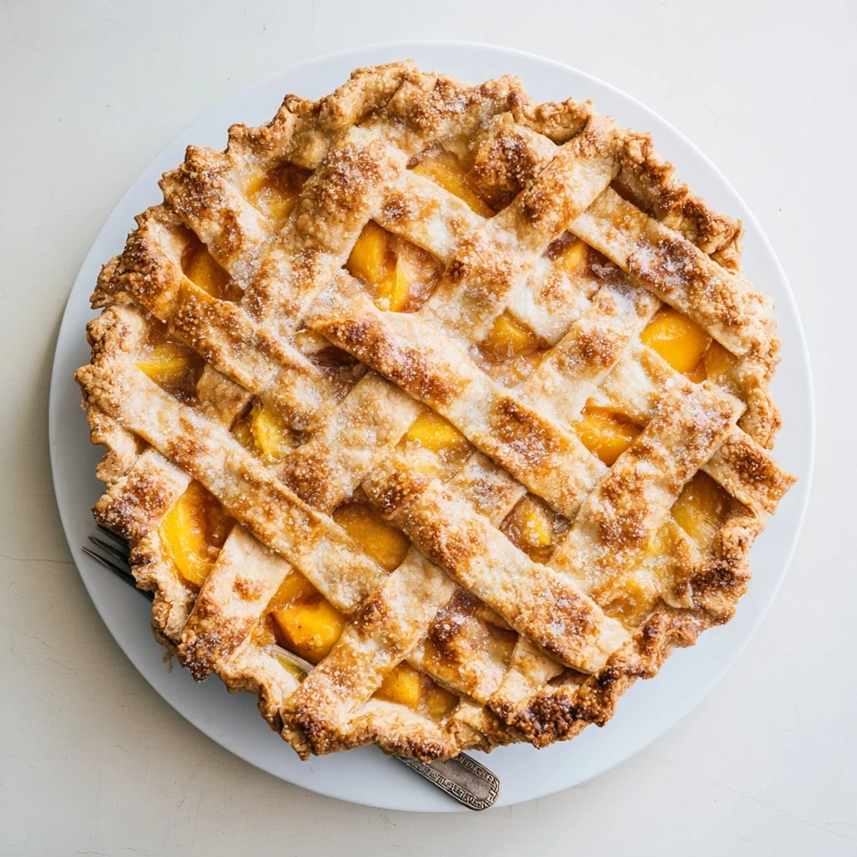 Golden Southern peach pie with lattice crust showing bubbling fruit filling through steam vents