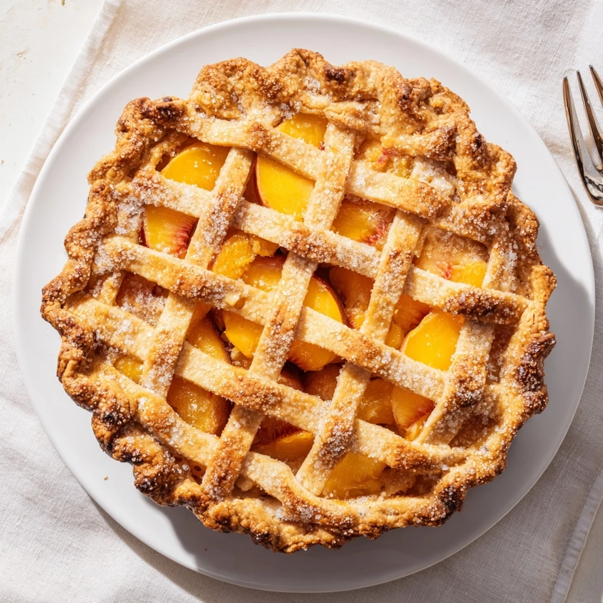Whole homemade Southern peach pie baked to perfection with egg-washed crust and sugared edge