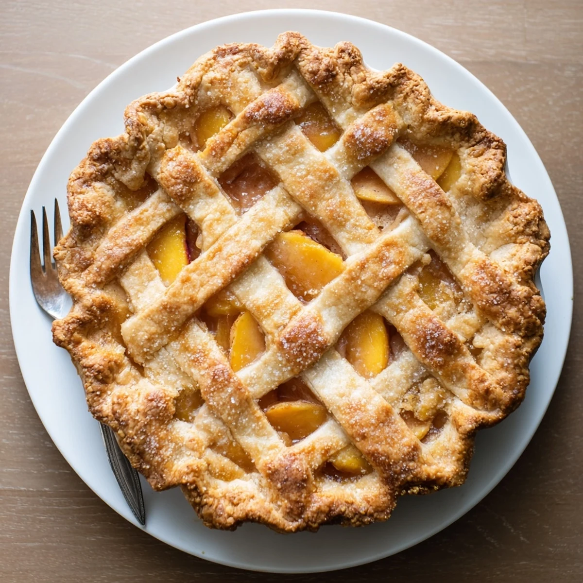 Slice of Southern peach pie displaying tender spiced peaches in flaky golden pastry on white plate