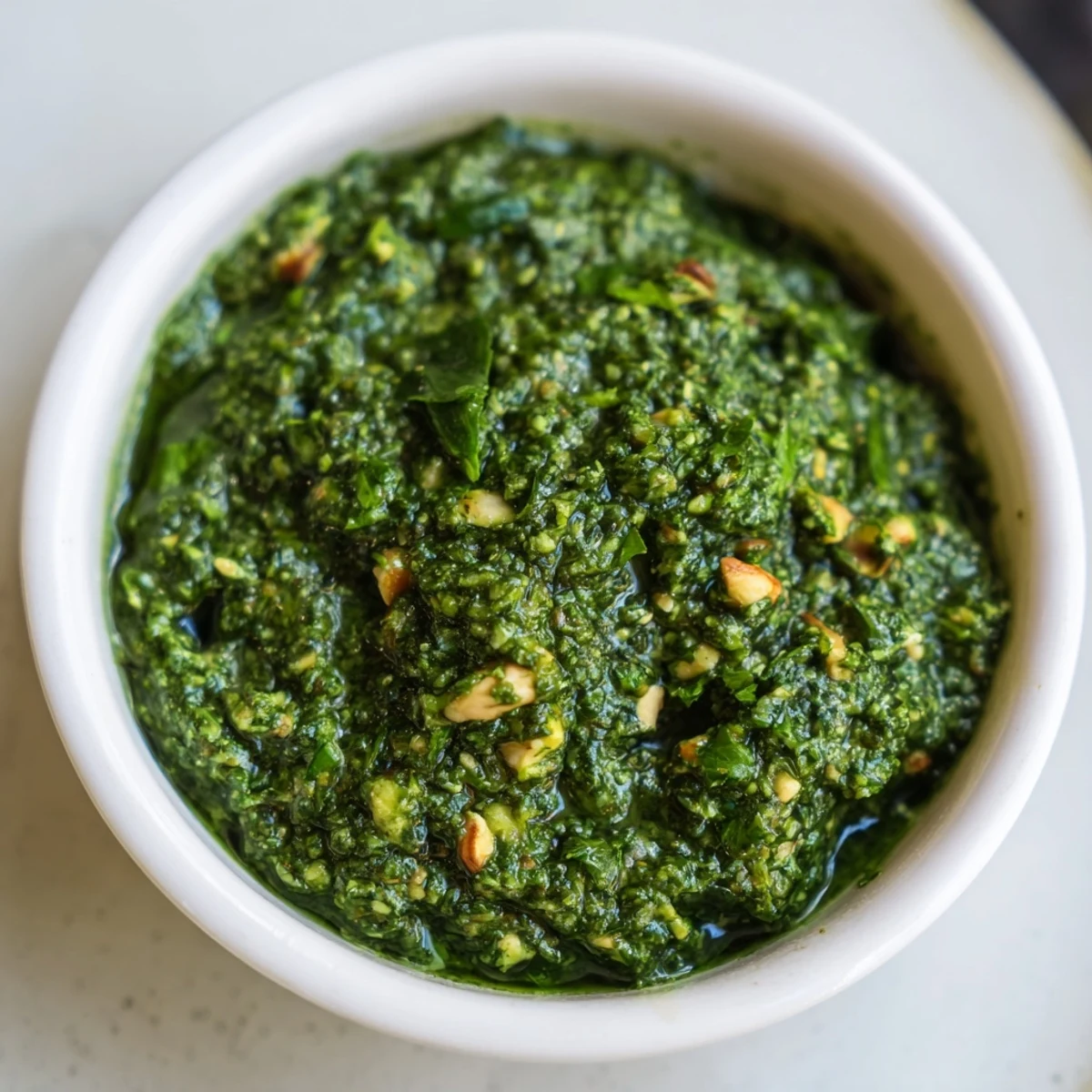 Vibrant green Thai basil pesto swirled in a white glass bowl, garnished with fresh basil leaves and a drizzle of olive oil
