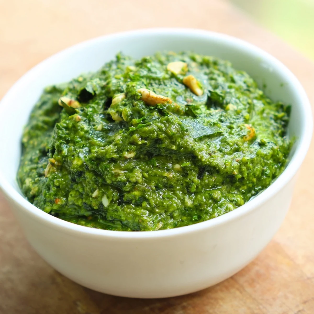 Creamy Thai basil pesto sauce generously coating al dente pasta noodles with roasted cashews sprinkled on top for texture