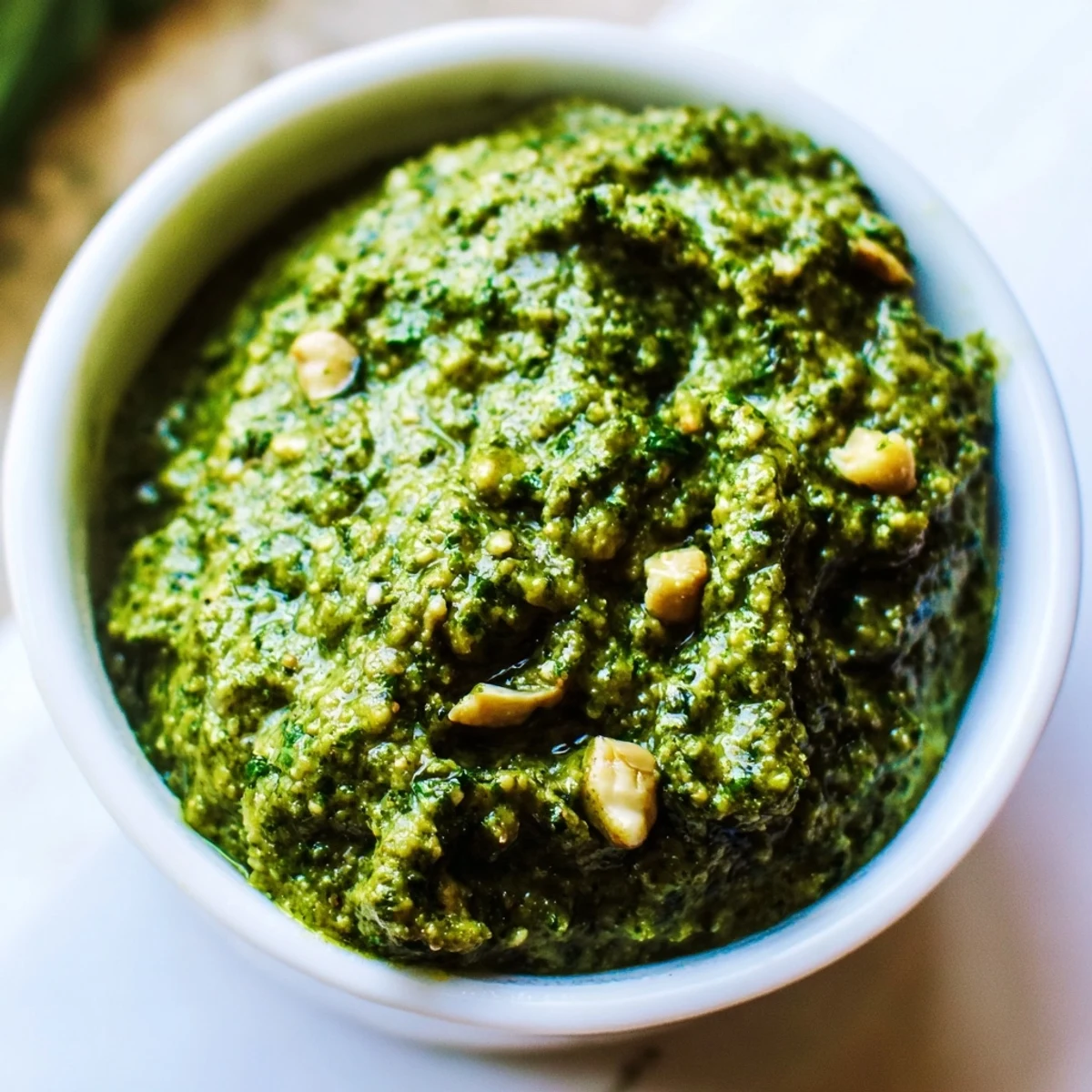 Close-up of aromatic Thai basil pesto with fresh cilantro, lime wedge, and pesto-coated crusty bread slice on wooden board