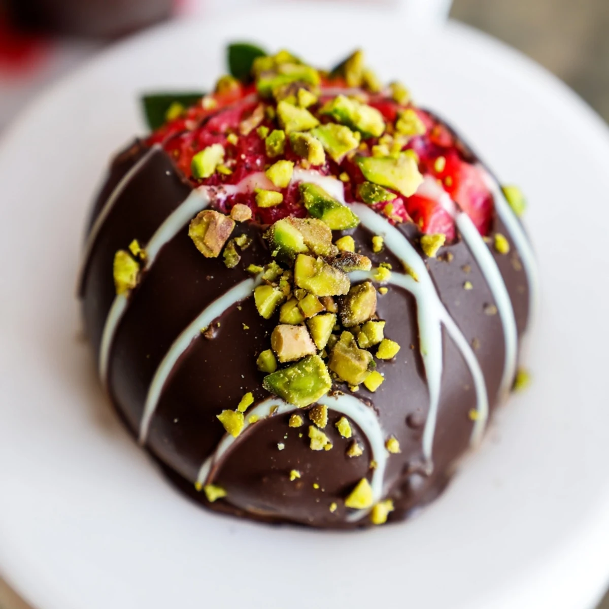 Rich dark chocolate cups filled with sweet strawberries and topped with crushed pistachios