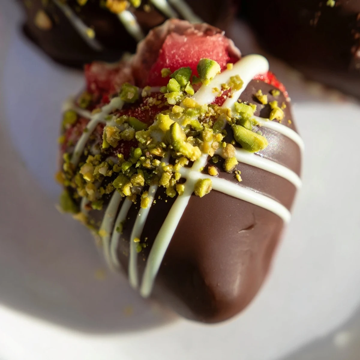 Decadent Dubai chocolate covered strawberry cups with white chocolate drizzle and rose petal garnish