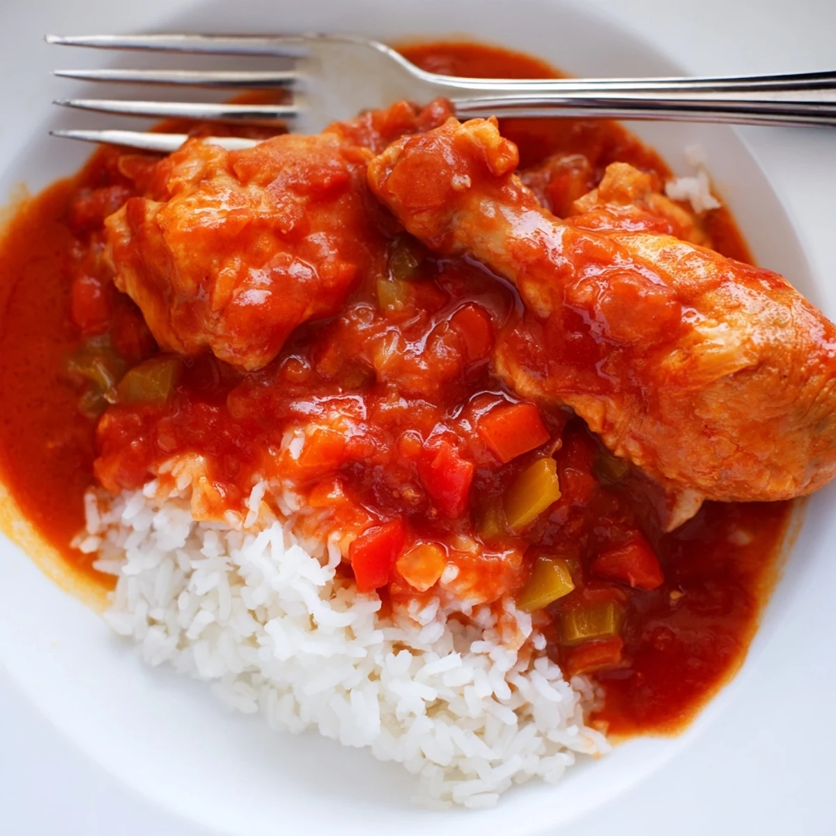Golden brown chicken thighs simmering in rich tomato-based Creole sauce over fluffy white rice