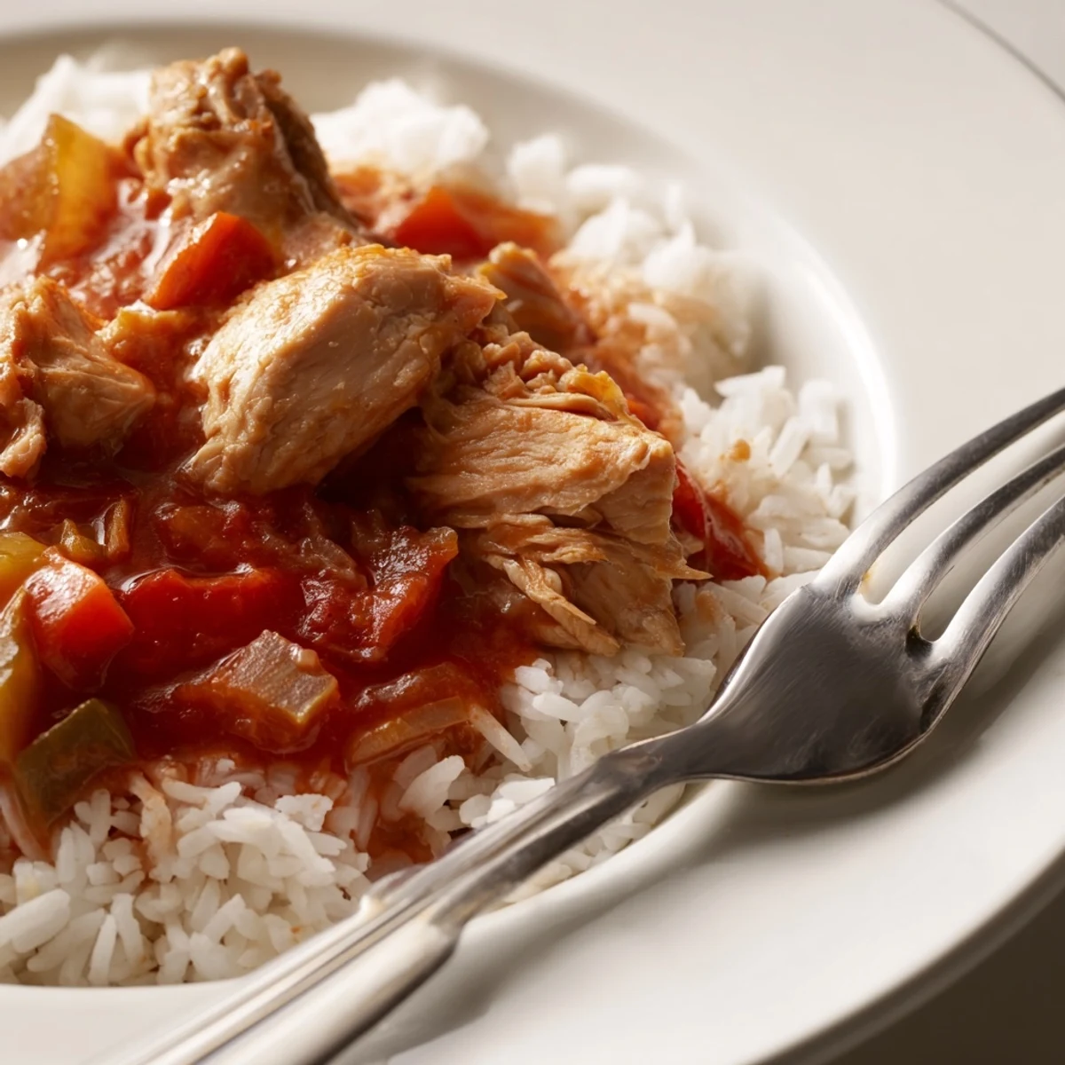 Hearty bowl of Louisiana style chicken stew with tender meat and colorful diced vegetables