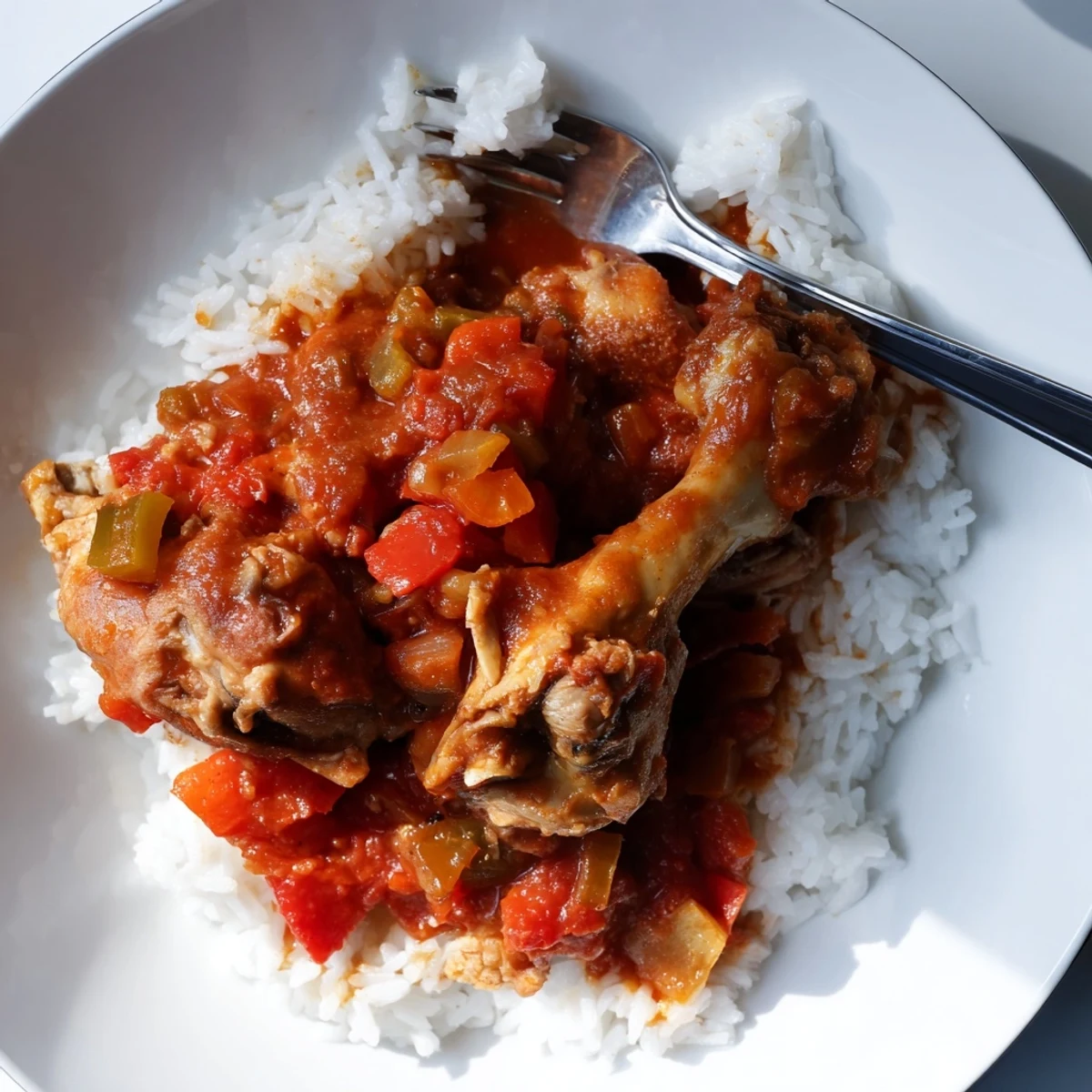 Comforting Southern chicken stewed dish garnished with fresh parsley and served over steamed rice
