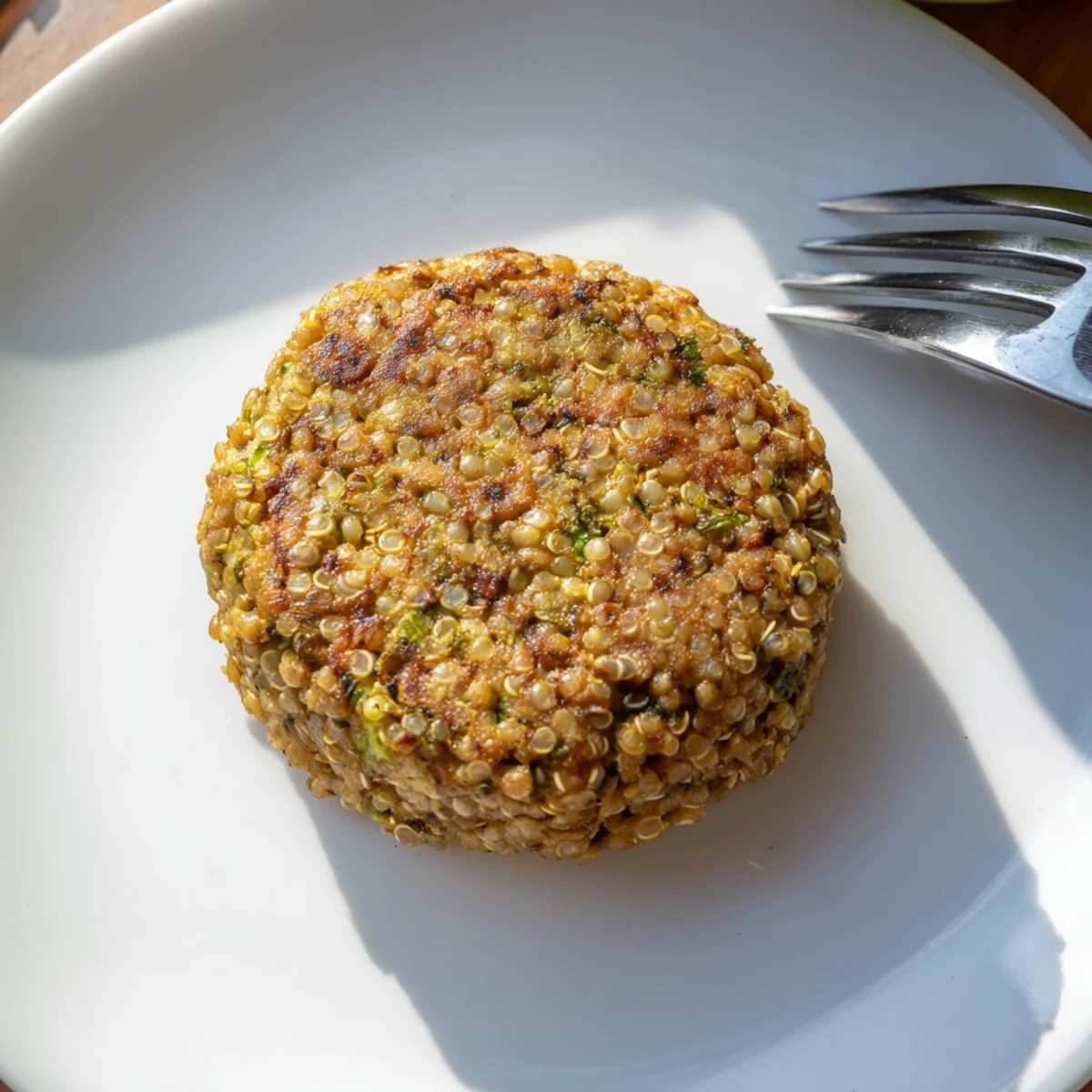 Golden brown turkey broccoli and quinoa burgers sizzling in a skillet with fresh green onion garnish